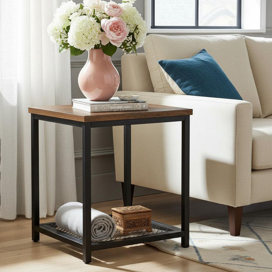 Loft Rustic Industrial Wood & Steel Side Table with Storage Shelf