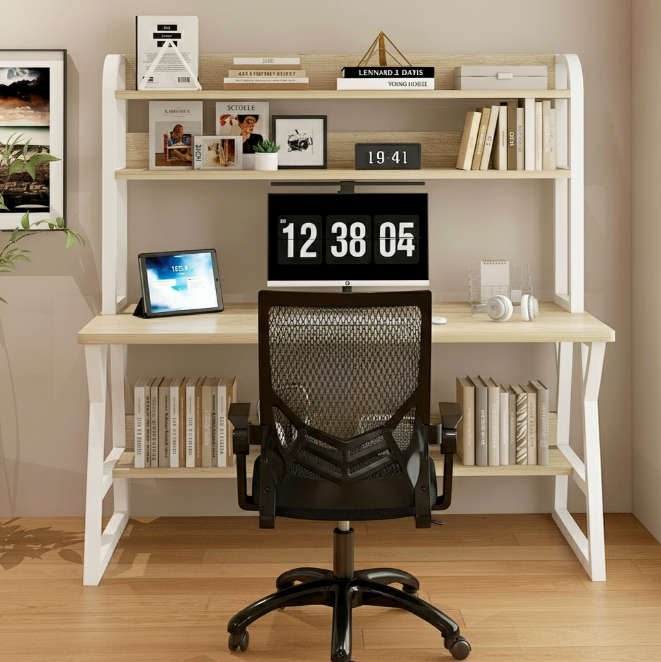 Aspire Large Industrial Office Computer Desk Workstation with Bookshelf (White Oak)