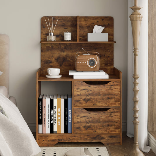 Harmony Tall Rustic Bed Side Table with Chest of Drawers and Shelf