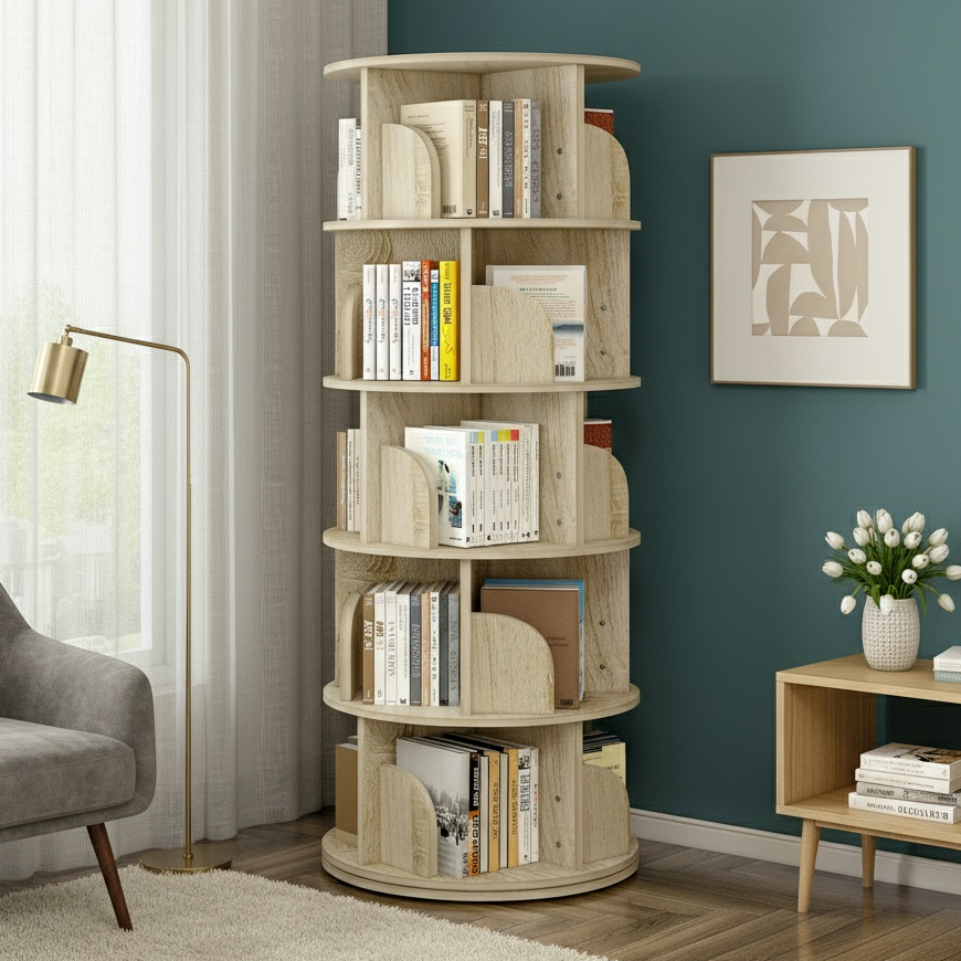 Sanctuary 360-degree Rotating 5 Tier Display Shelf Bookcase Organiser (Coastal Oak)
