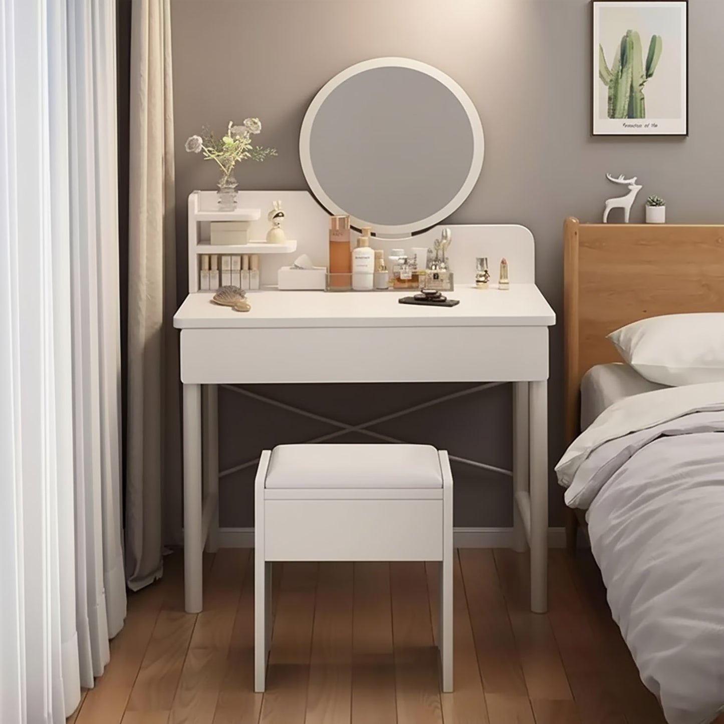 Luxe Dresser Makeup Vanity Dressing Table with Round Mirror Drawer White
