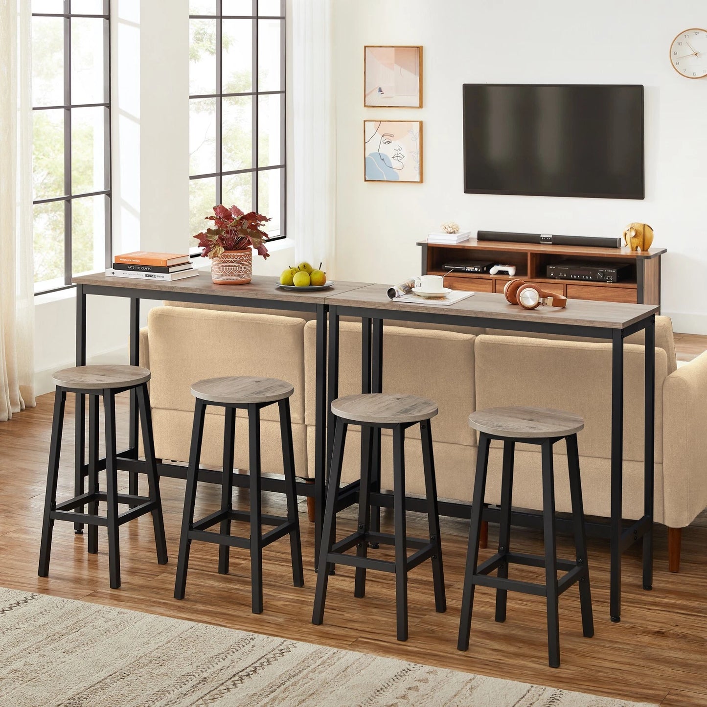 2 x Modern Industrial Bar Stool Wood & Metal Kitchen Counter Seating (Rustic Oak)
