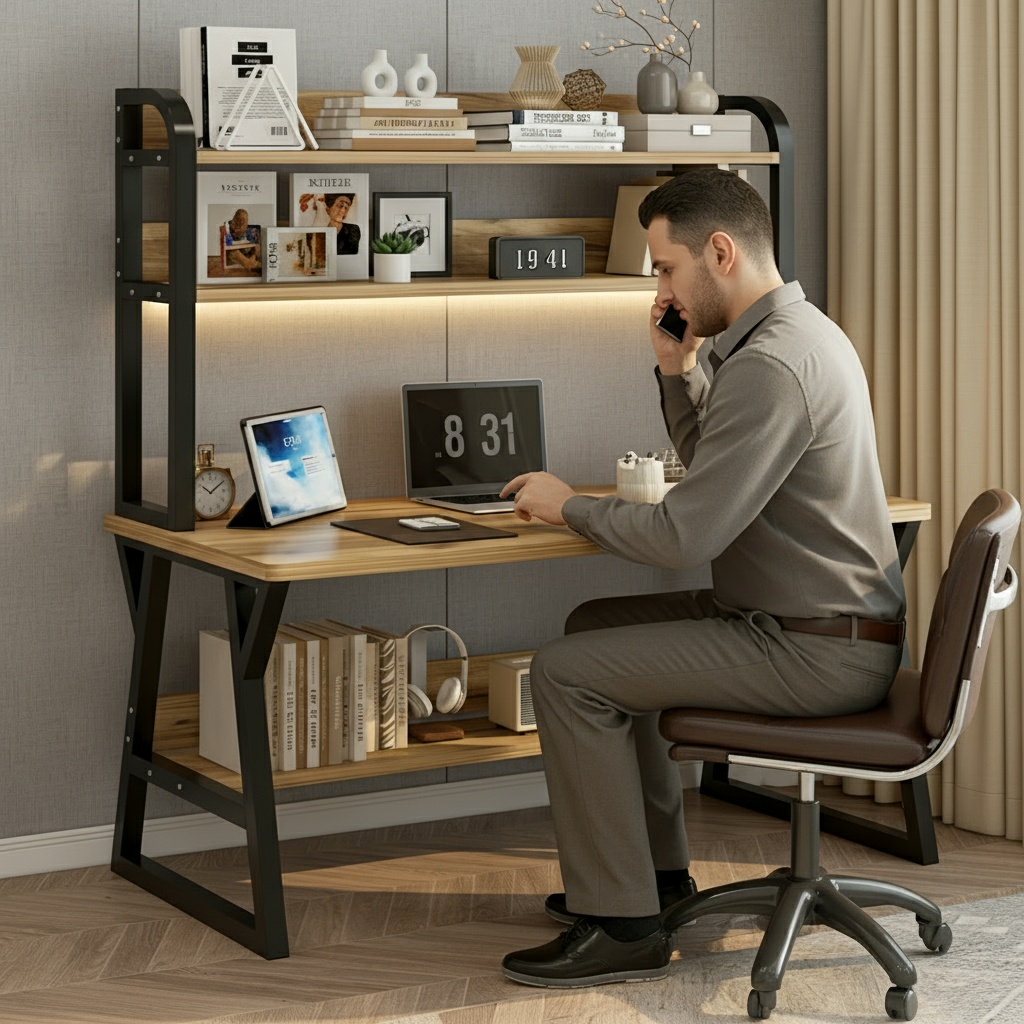 Aspire Large Industrial Office Computer Desk Workstation with Bookshelf (Oak)