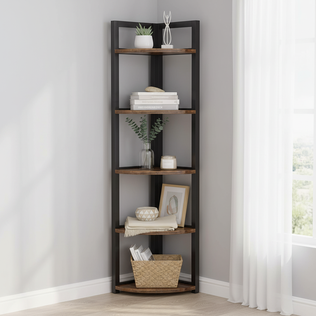 Optima 5 Tier Rustic Wood & Steel Corner Shelf Organizer Unit