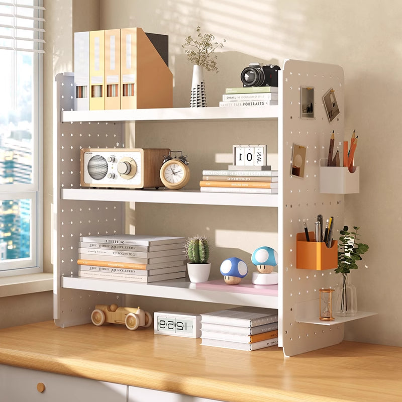 Multifunction Wooden Metal Desktop Bookshelf Pegboard Organizer Rack (White)