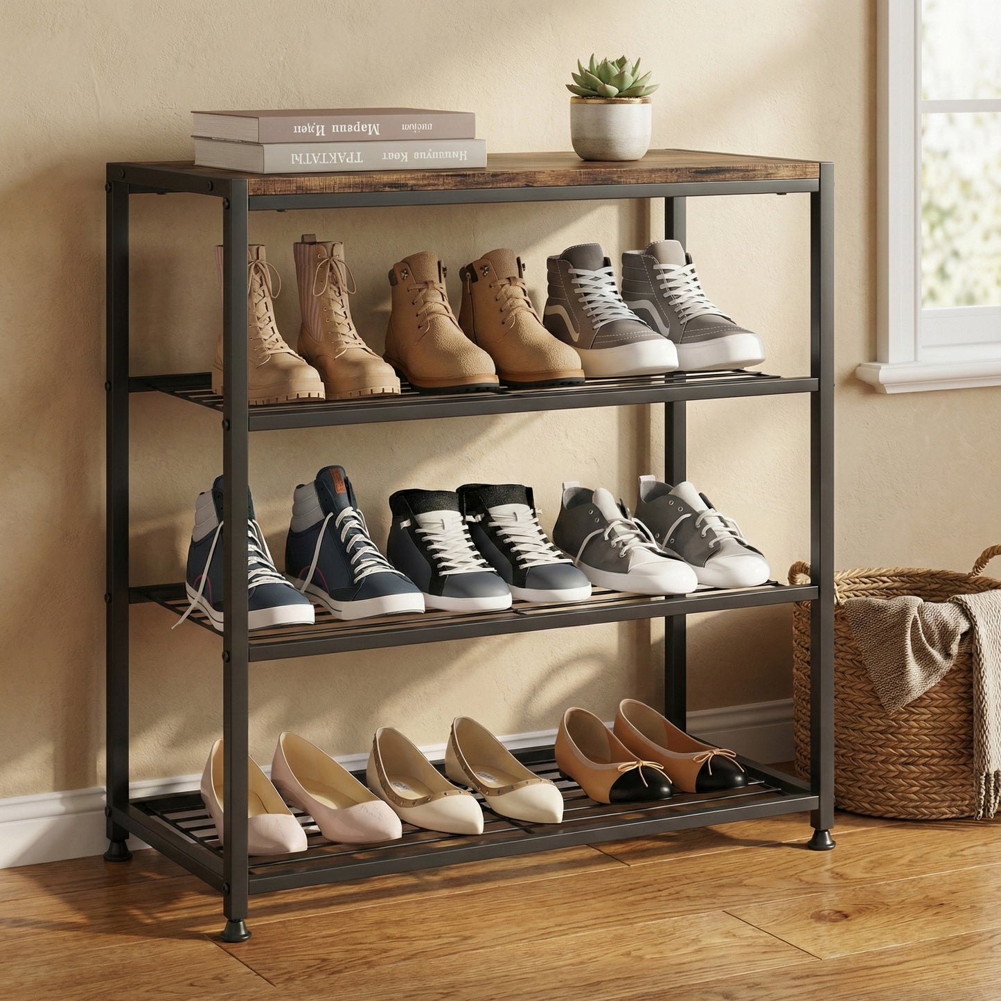 Shoe rack with various shoes on a wooden floor against a beige wall.