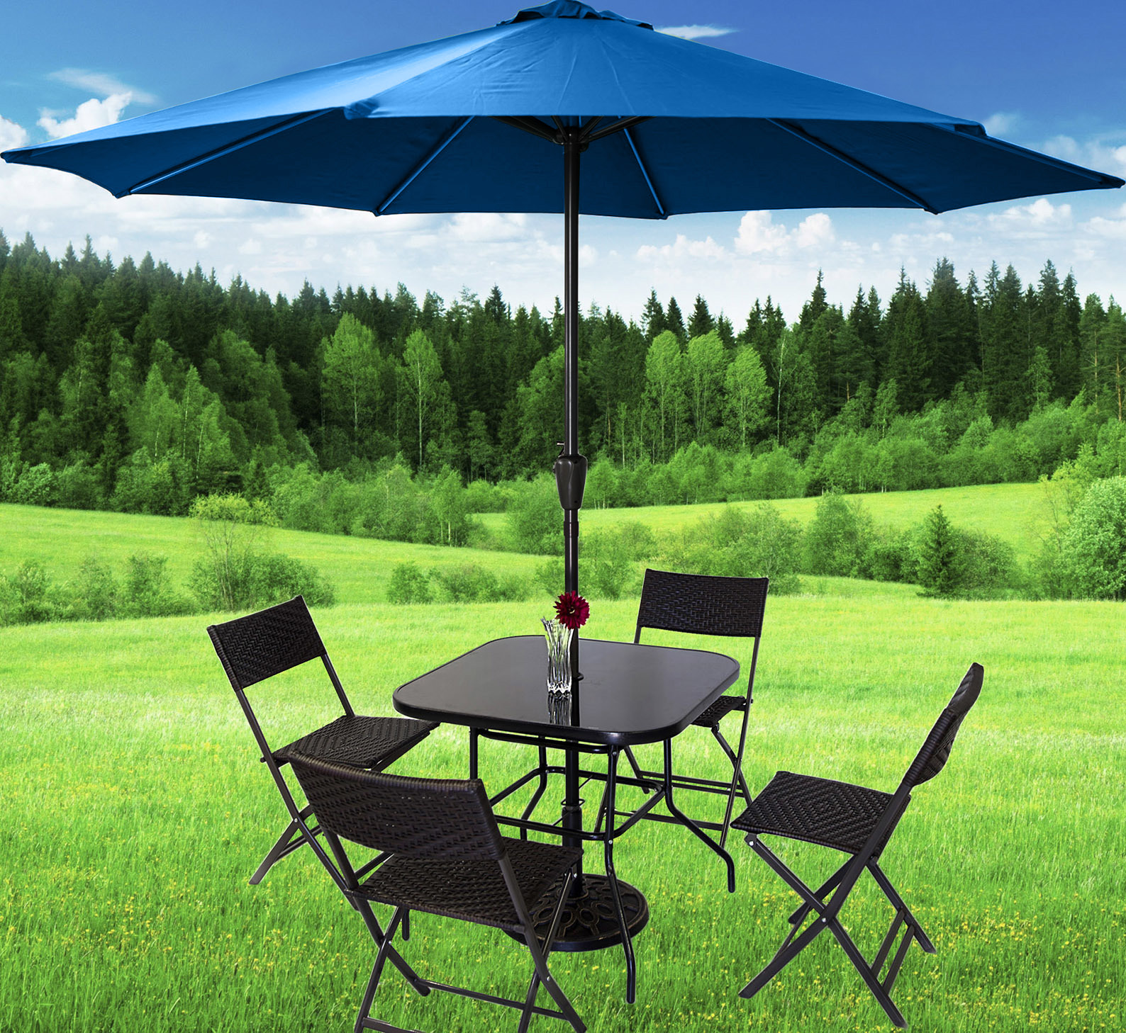 Alfresco 7 Piece Outdoor Setting (Blue Umbrella & Stand, 4 Rattan Chairs, Square Table)