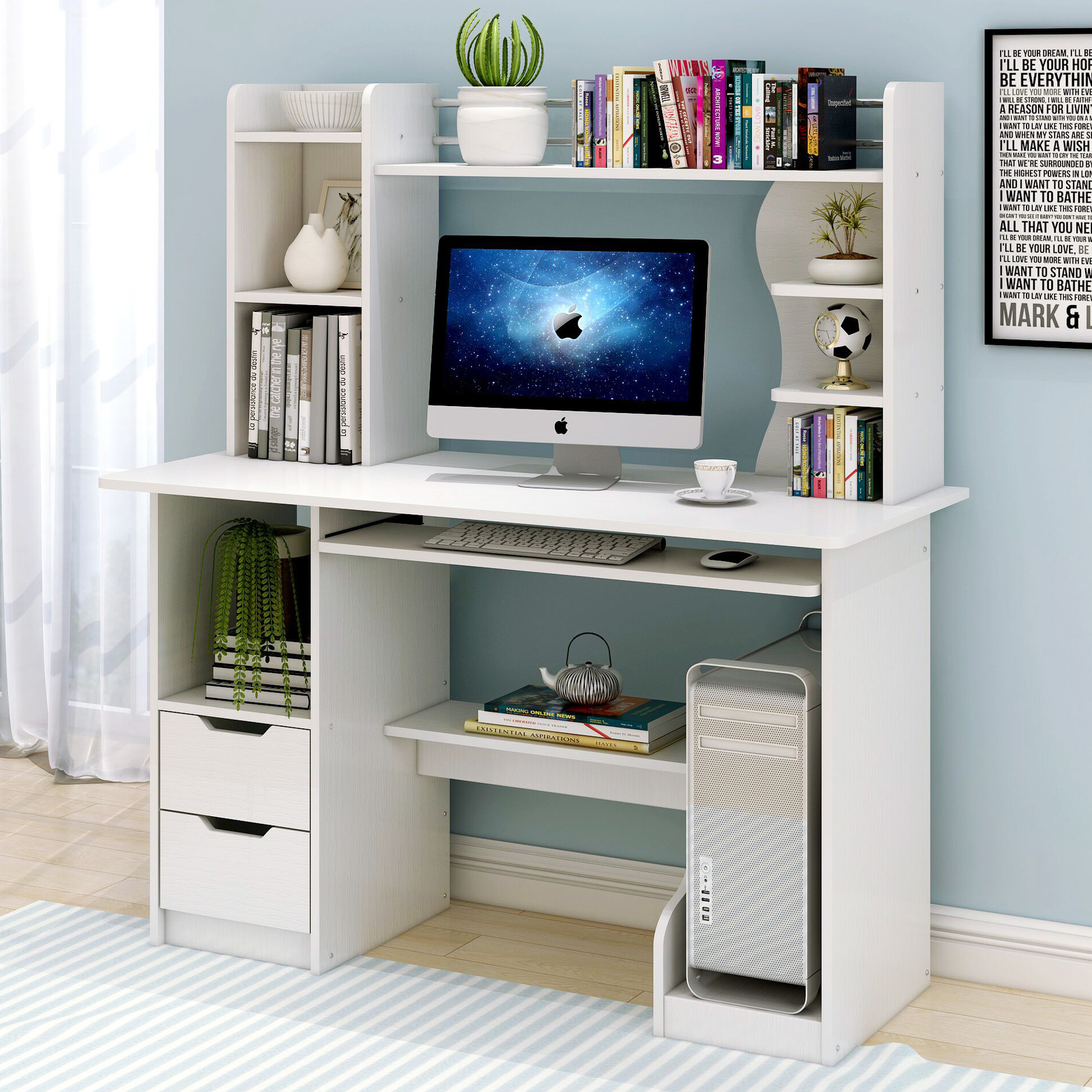 Expert Computer Desk Workstation with Shelf & Cabinet (White)