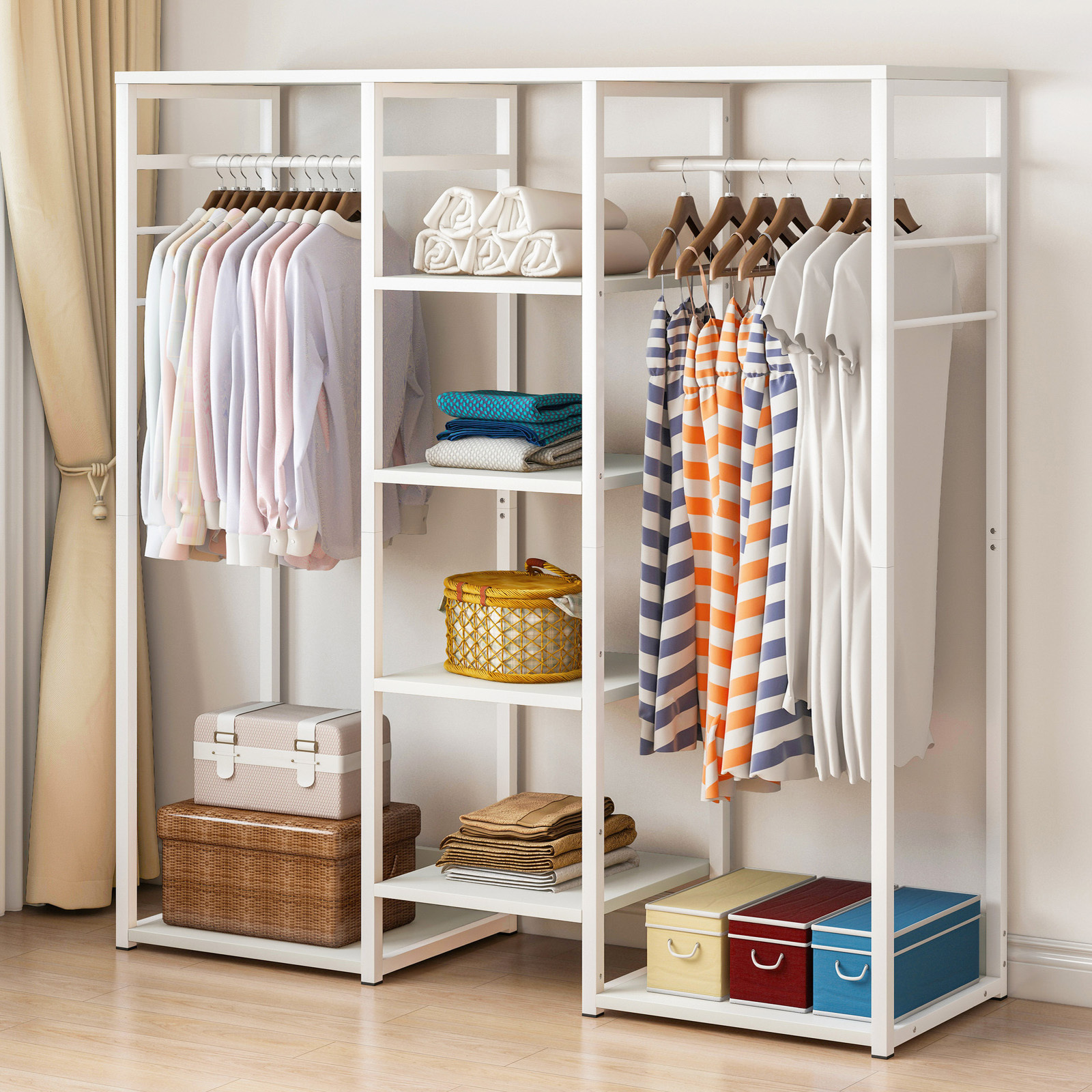New Wardrobe Cupboard Shelves & Clothes Hanging Racks Furniture WHITE