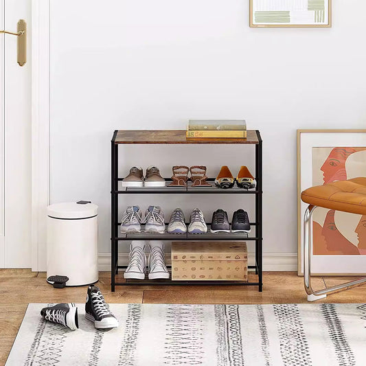 3-layered show rack with brown wood top