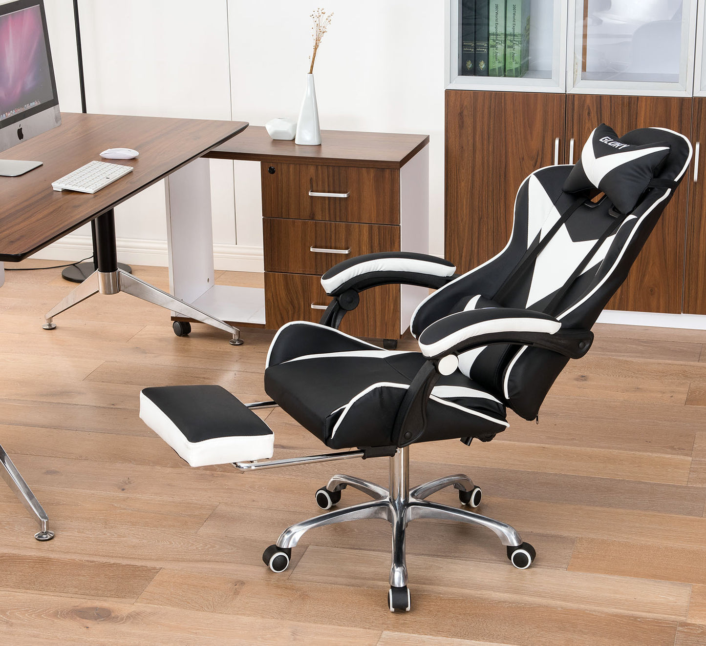 Glory Advanced Deluxe Executive High Back Gaming Reclining Office Chair with Footrest (White & Black) - Dshop.com.au