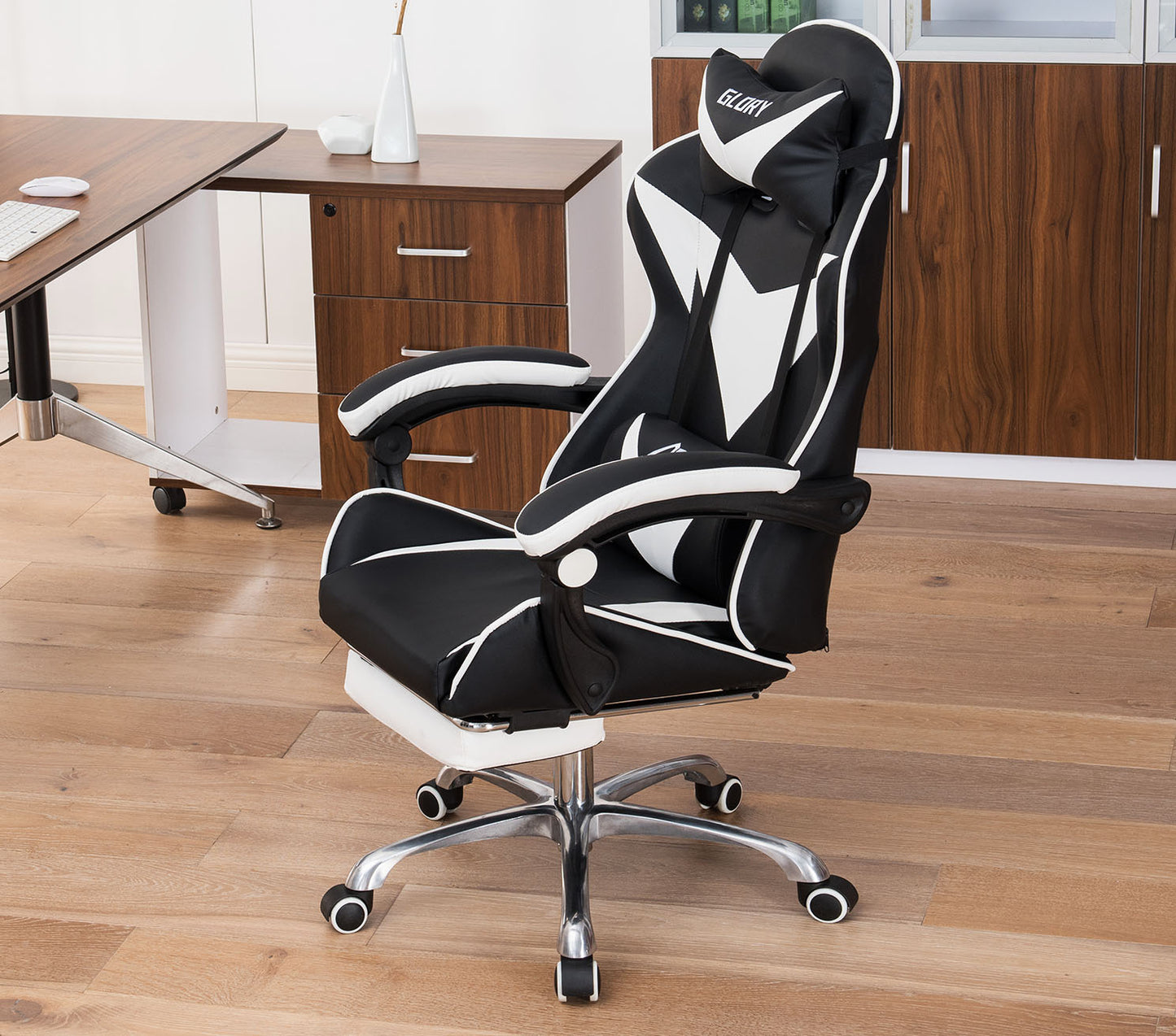 Glory Advanced Deluxe Executive High Back Gaming Reclining Office Chair with Footrest (White & Black) - Dshop.com.au