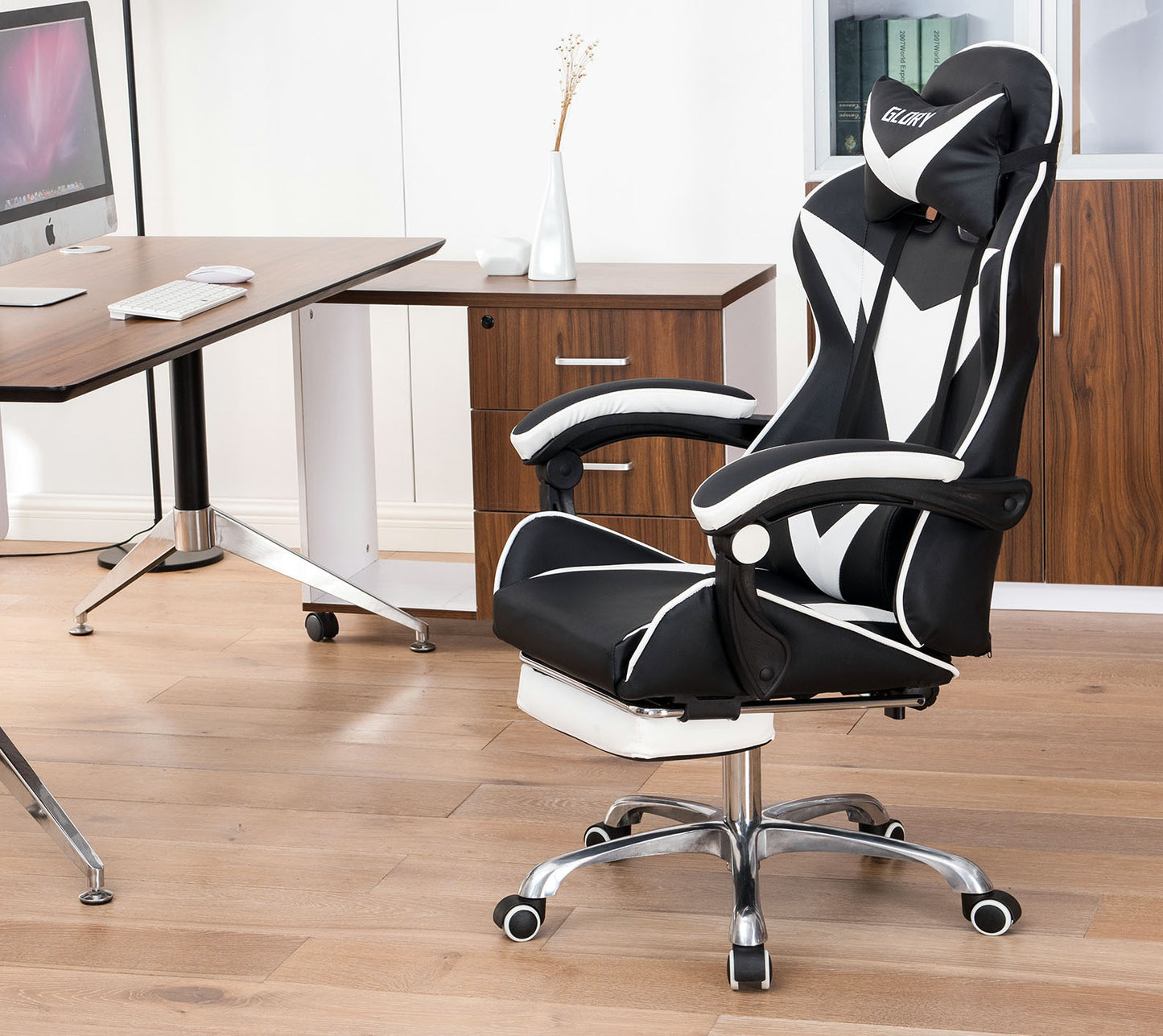 Glory Advanced Deluxe Executive High Back Gaming Reclining Office Chair with Footrest (White & Black) - Dshop.com.au