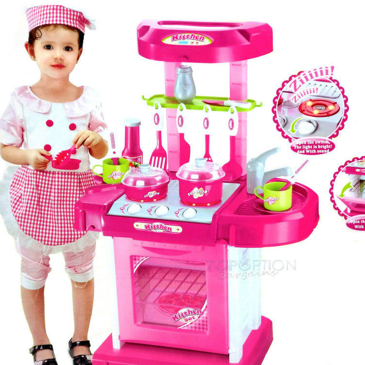 Kids Pretend Play Realistic Play Kitchen Toy Set with Lights & Sounds - Pink - Dshop.com.au