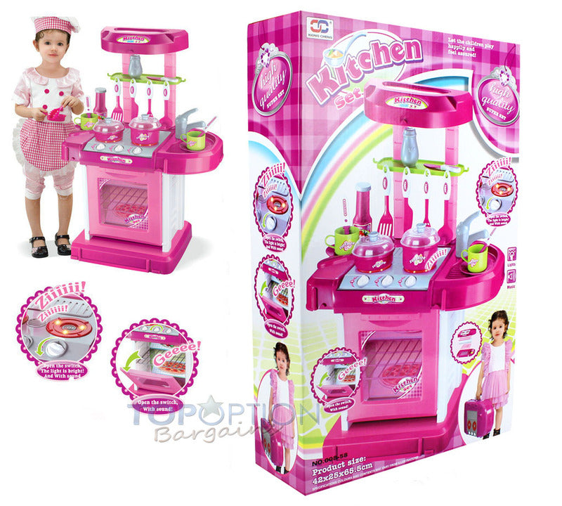 Kids Pretend Play Realistic Play Kitchen Toy Set with Lights & Sounds - Pink - Dshop.com.au