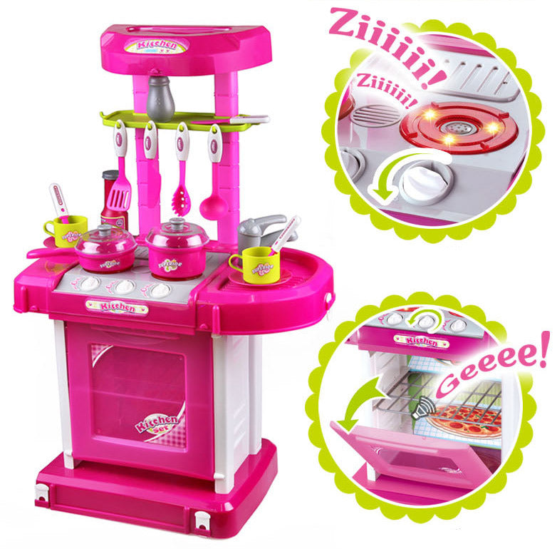 Kids Pretend Play Realistic Play Kitchen Toy Set with Lights & Sounds - Pink - Dshop.com.au