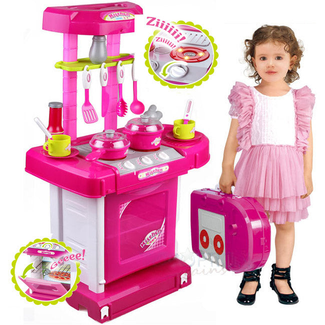 Kids Pretend Play Realistic Play Kitchen Toy Set with Lights & Sounds - Pink - Dshop.com.au