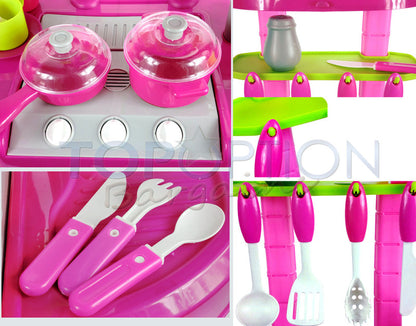 Kids Pretend Play Realistic Play Kitchen Toy Set with Lights & Sounds - Pink - Dshop.com.au