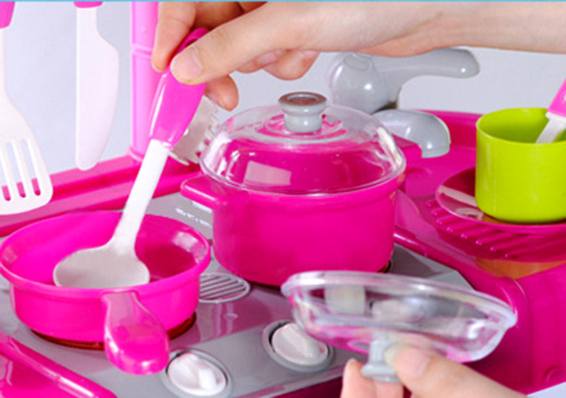 Kids Pretend Play Realistic Play Kitchen Toy Set with Lights & Sounds - Pink - Dshop.com.au