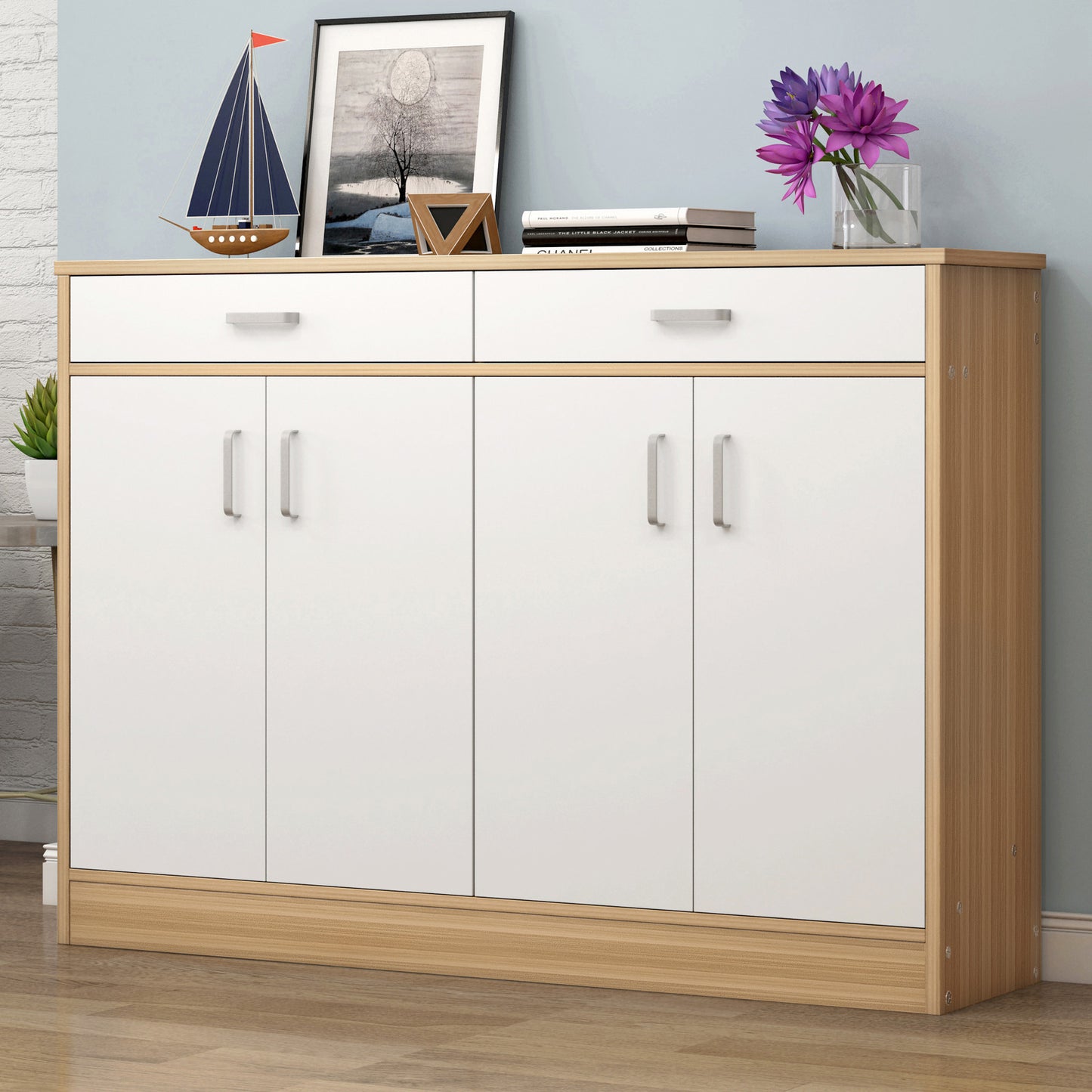 Elements 4-Door Double Buffet Shoe Storage Cabinet (Oak & White) - Dshop.com.au