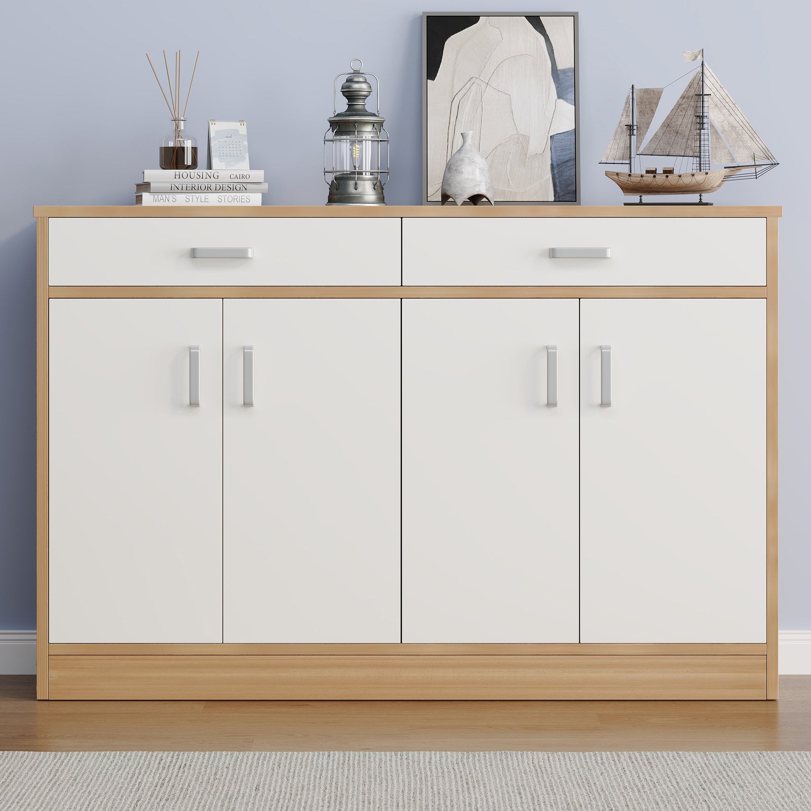 Elements 4-Door Double Buffet Shoe Storage Cabinet (Oak & White) - Dshop.com.au