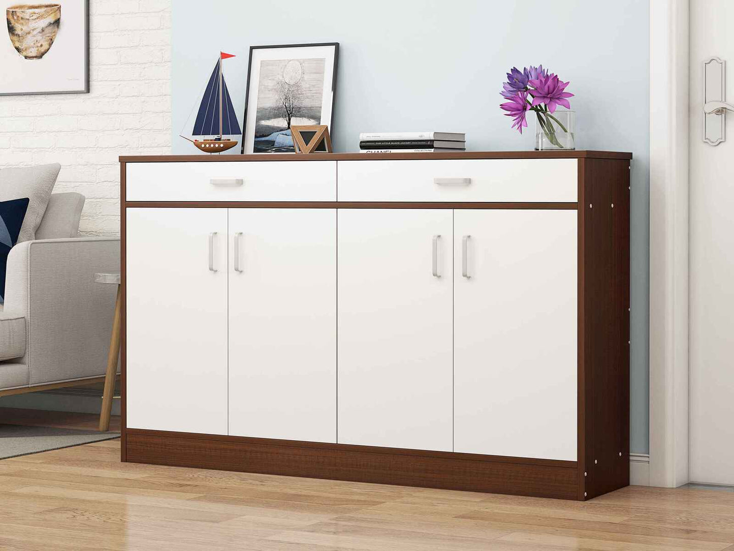 Elements 4-Door Double Buffet Shoe Storage Cabinet (Walnut & White) - Dshop.com.au