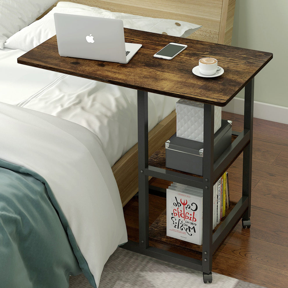 Large Supreme Rustic Sofa Bed Side Table Laptop Desk with Shelves & Wh