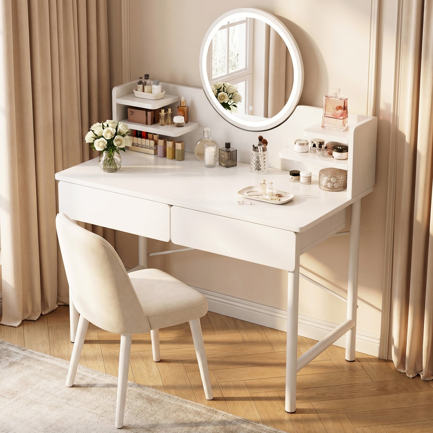 LED Luminous Mirror White Makeup Vanity Dressing Table with Storage Drawers