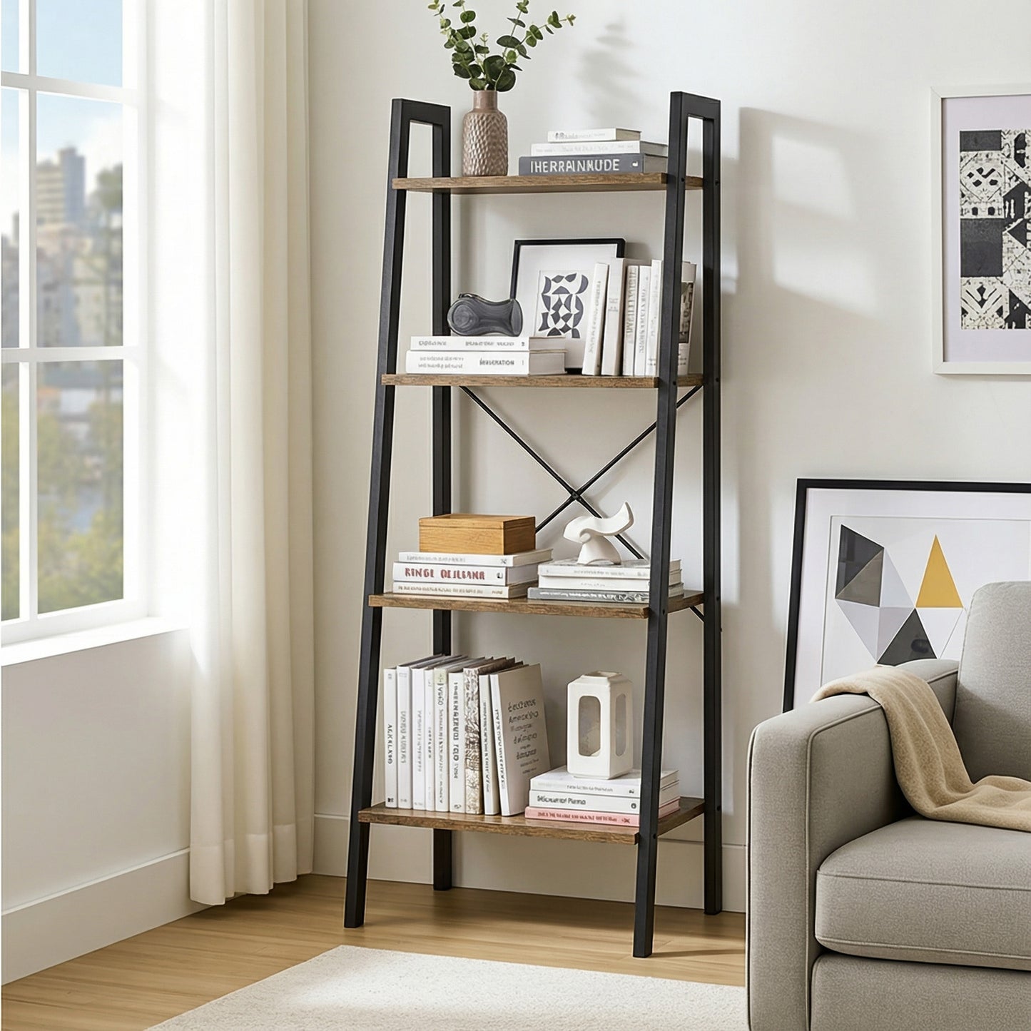 Elevate Rustic Wood & Metal 4-Tier Ladder Shelf Bookcase Storage Organizer