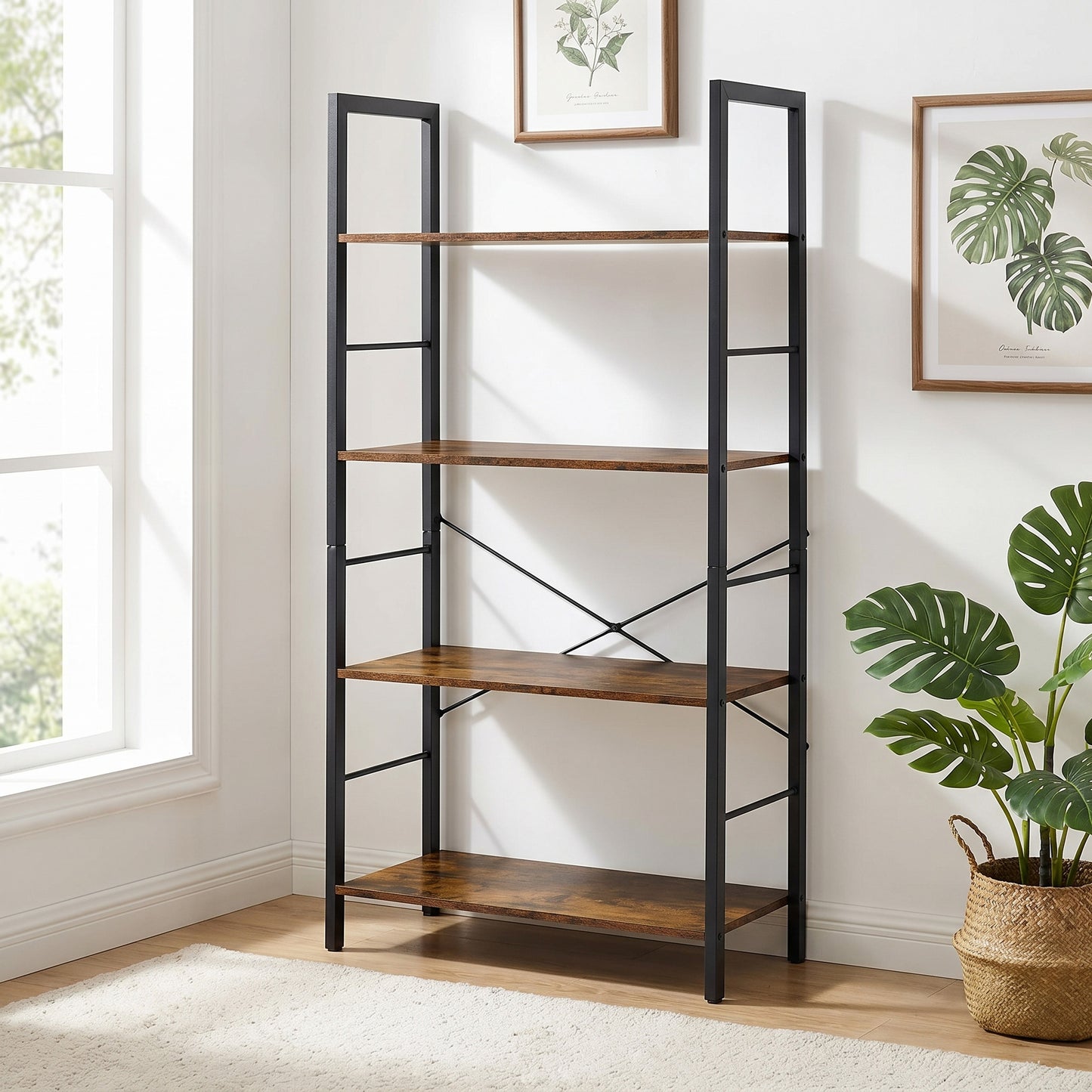 Multifunction Bookcase 4 Tier Rustic Wood & Steel Storage Shelf Organizer