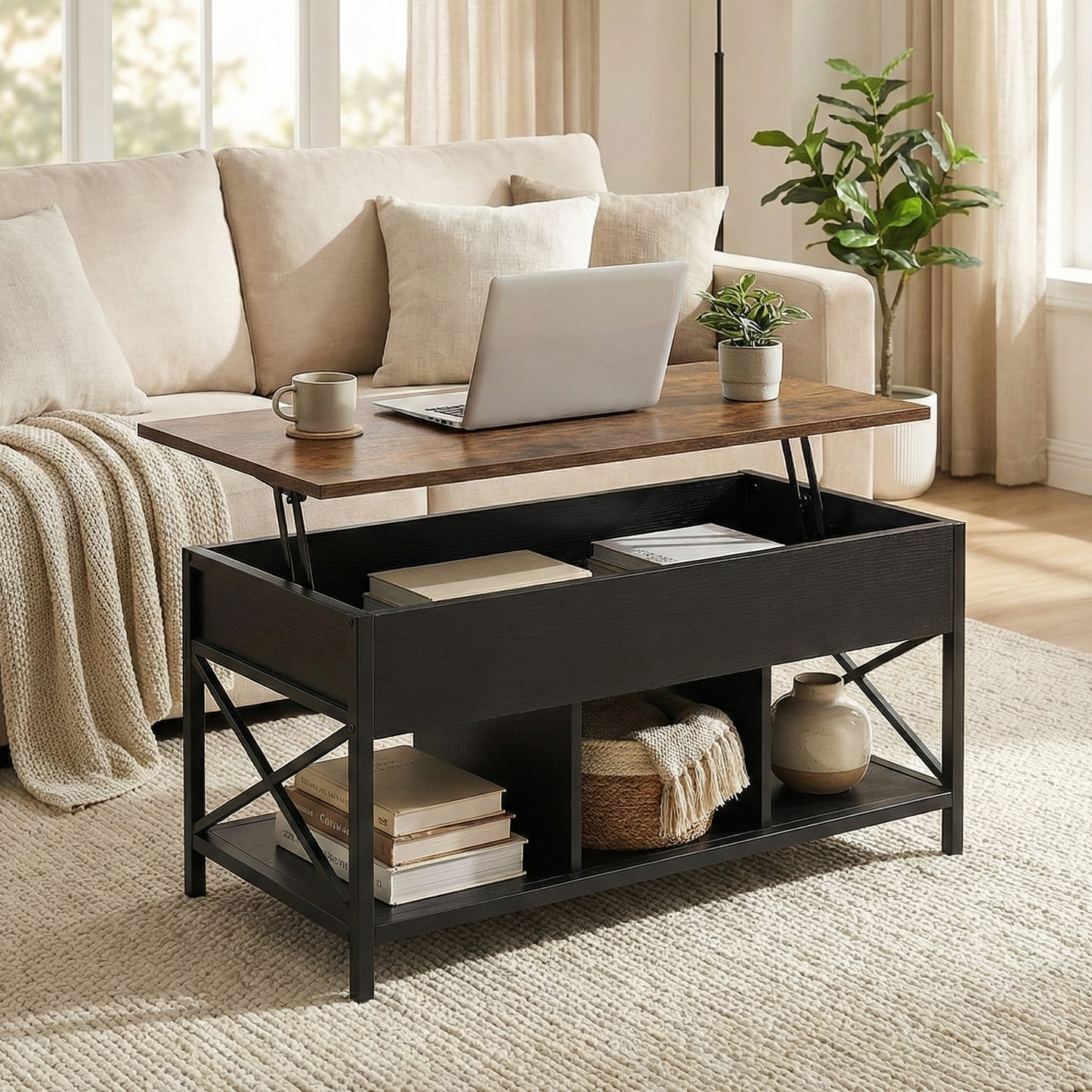 Elara Multifunction Lift Top Coffee Table with Hidden Storage Shelf Organizer