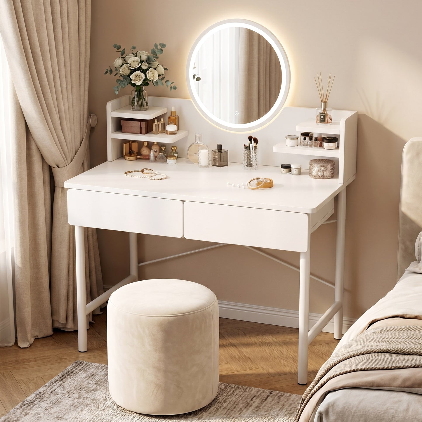 LED Luminous Mirror White Makeup Vanity Dressing Table with Storage Drawers