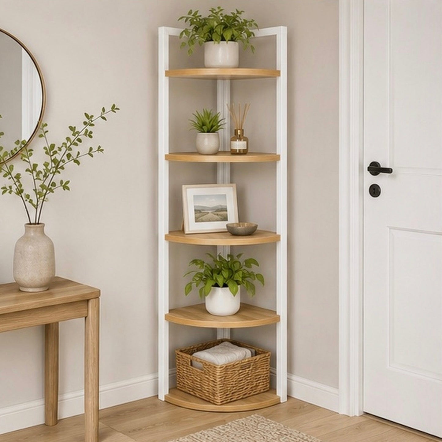 Optima 5 Tier Wood & Steel Corner Shelf Organizer Unit (Rustic Oak & White)