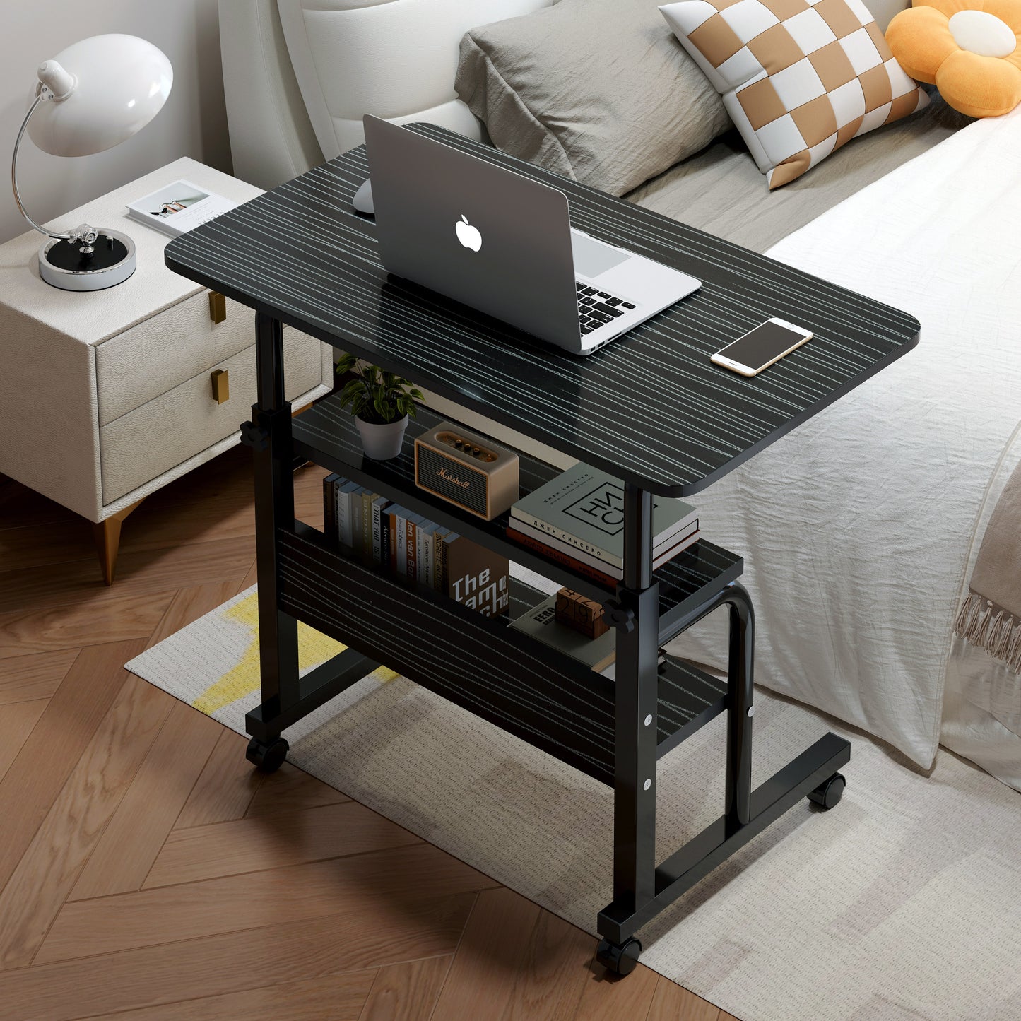 Calibre 2-tier Sofa Bed Side Table Laptop Desk with Shelves and Wheels (Black Multi)