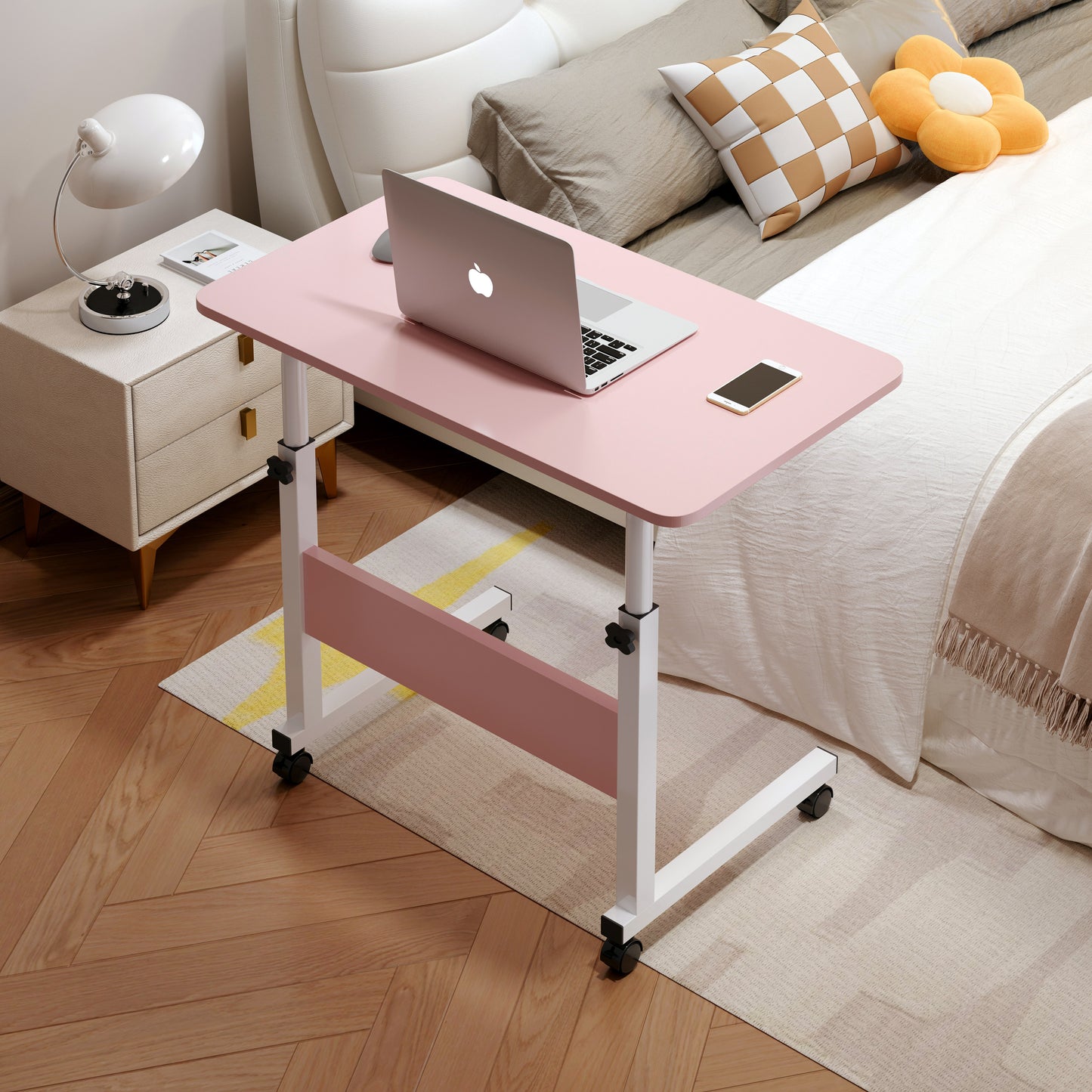 Impact Adjustable Portable Sofa Bed Side Table Laptop Desk with Wheels (Pink)