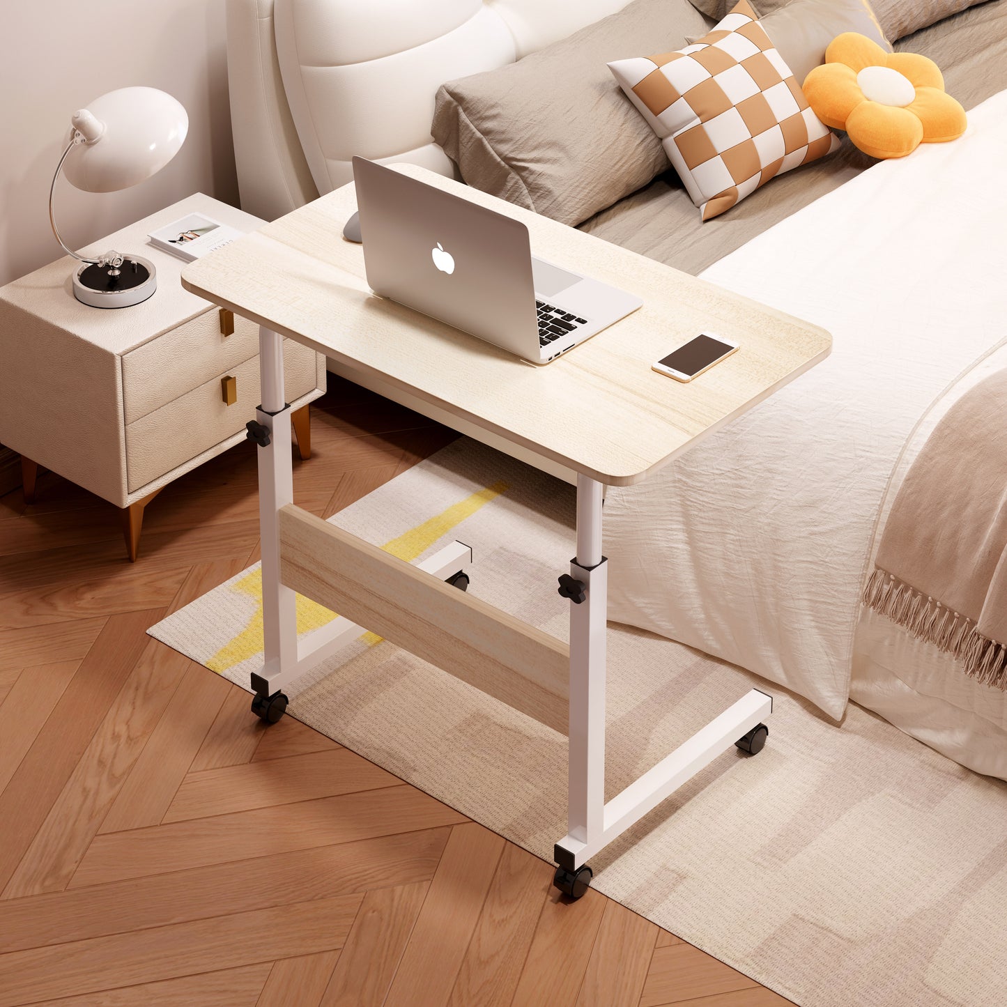 Impact Adjustable Portable Sofa Bed Side Table Laptop Desk with Wheels (White Oak)