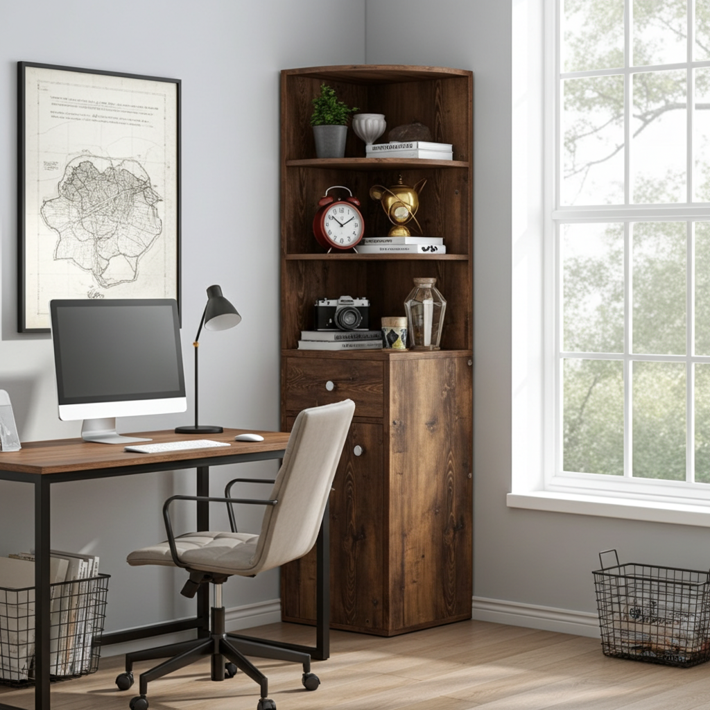 Vision Stylish Rustic Wooden Corner Shelf Unit with Cabinet & Drawer