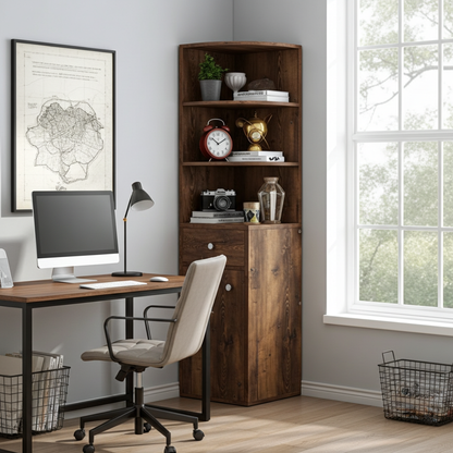 Vision Stylish Rustic Wooden Corner Shelf Unit with Cabinet & Drawer