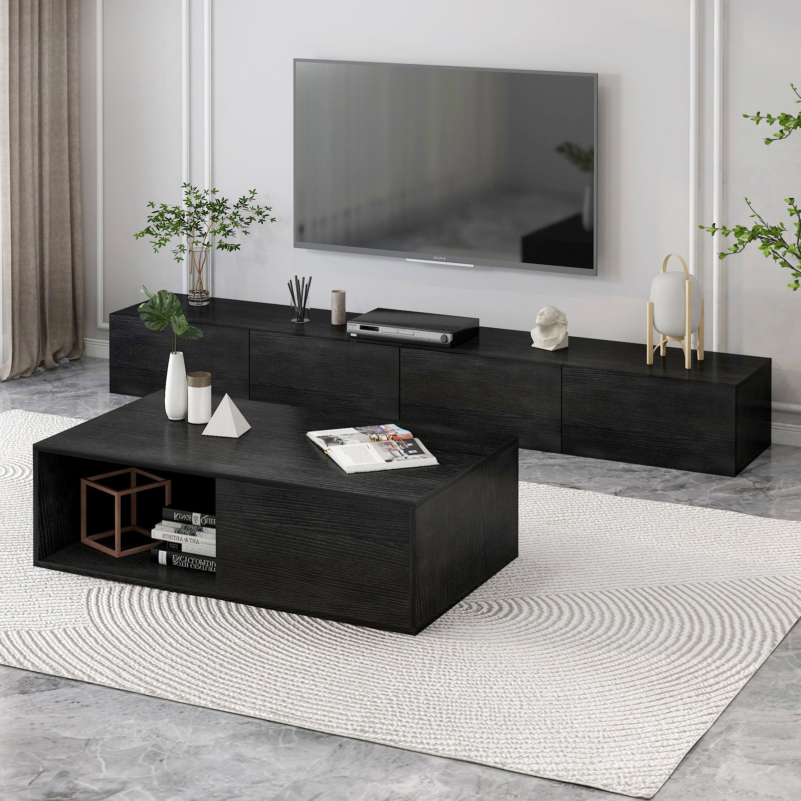 2-Piece Set Lusso Designer Wooden Coffee Table & 2.4m TV Cabinet (Black) - Dshop.com.au