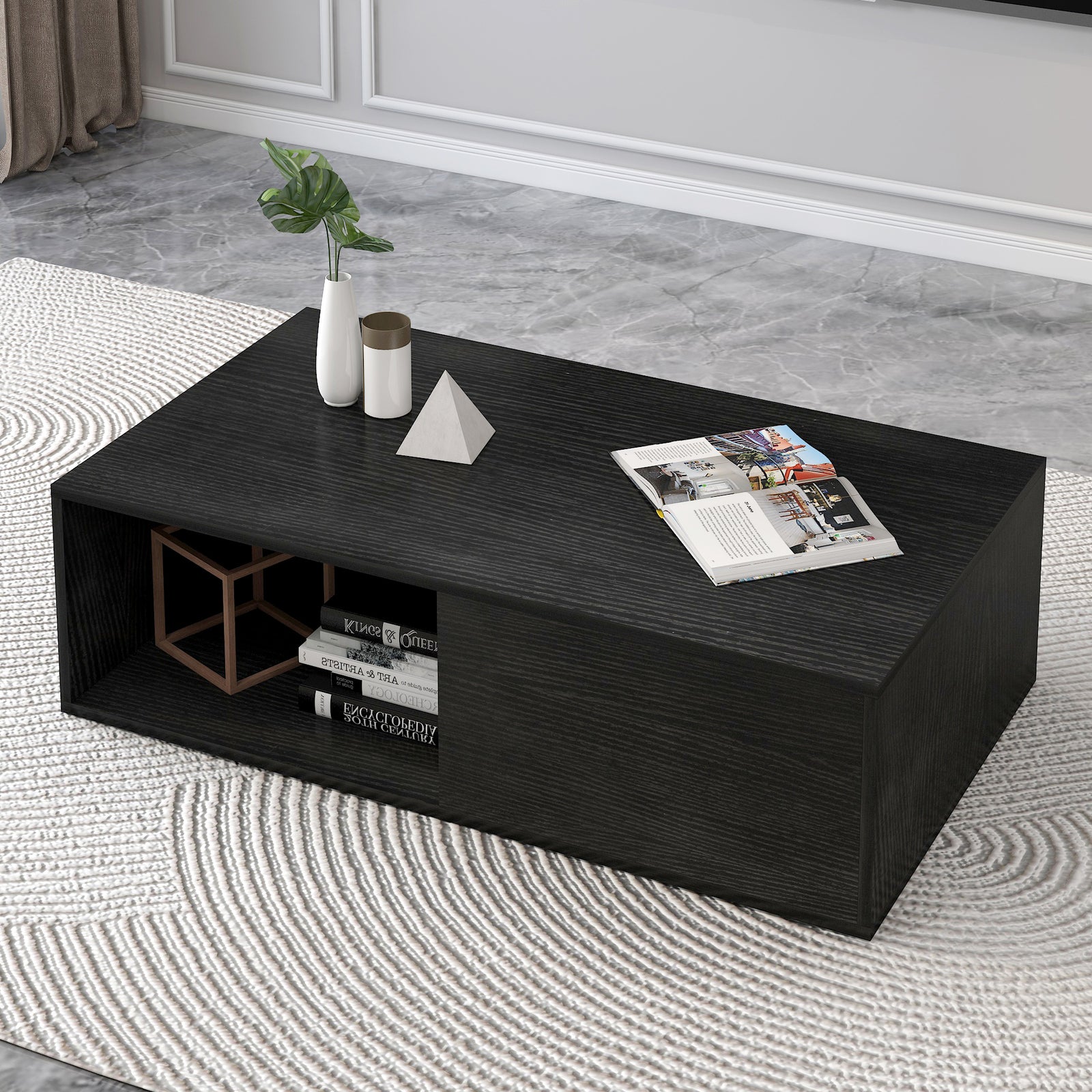 2-Piece Set Lusso Designer Wooden Coffee Table & 2.4m TV Cabinet (Black) - Dshop.com.au