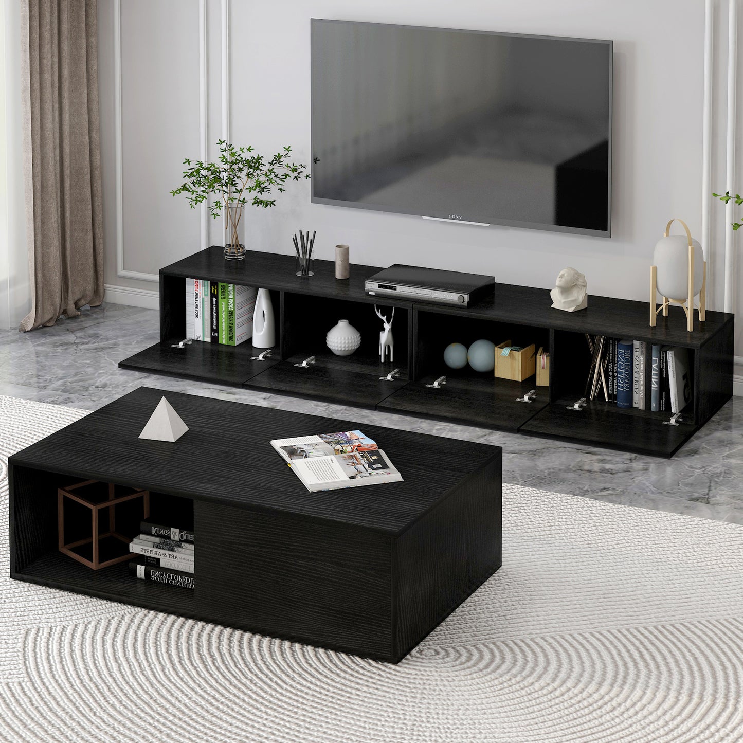 2-Piece Set Lusso Designer Wooden Coffee Table & 2.4m TV Cabinet (Black) - Dshop.com.au