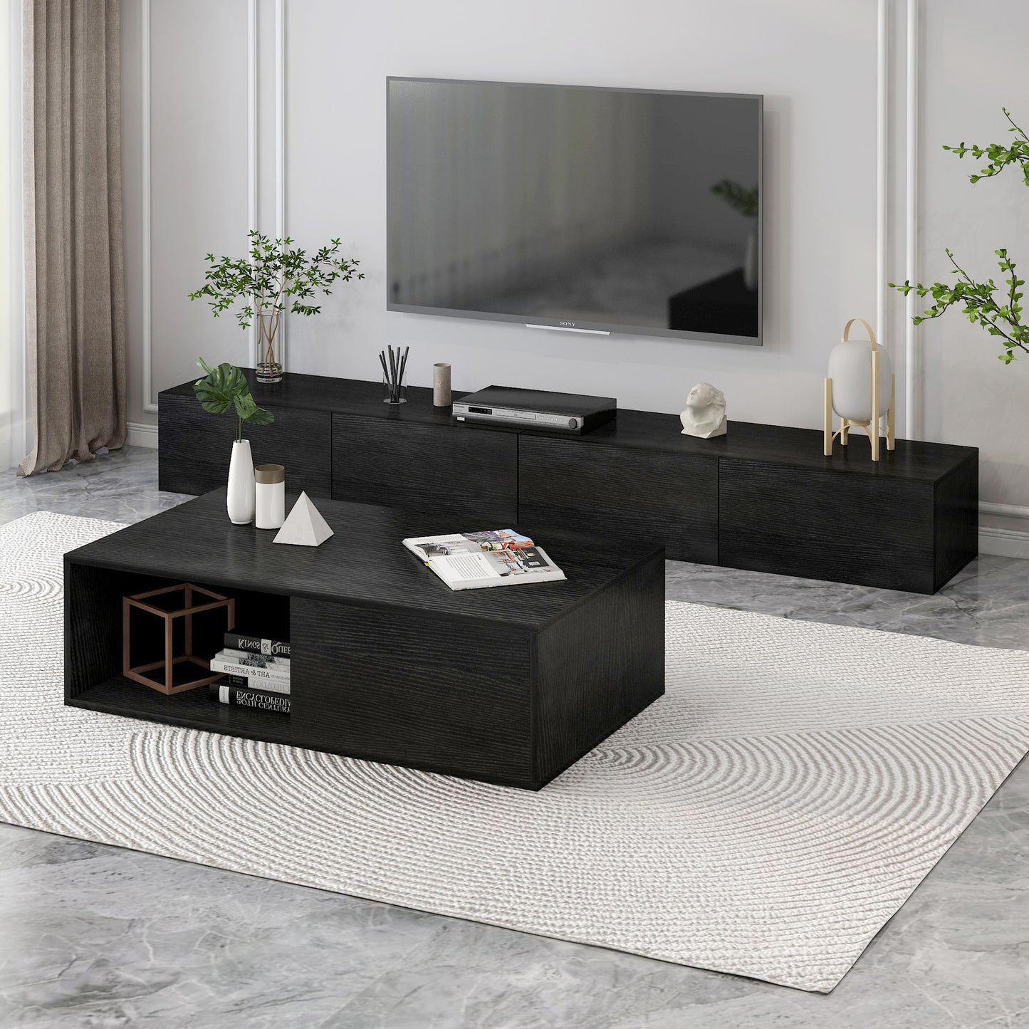 2-Piece Set Lusso Designer Wooden Coffee Table & 2.4m TV Cabinet (Black) - Dshop.com.au