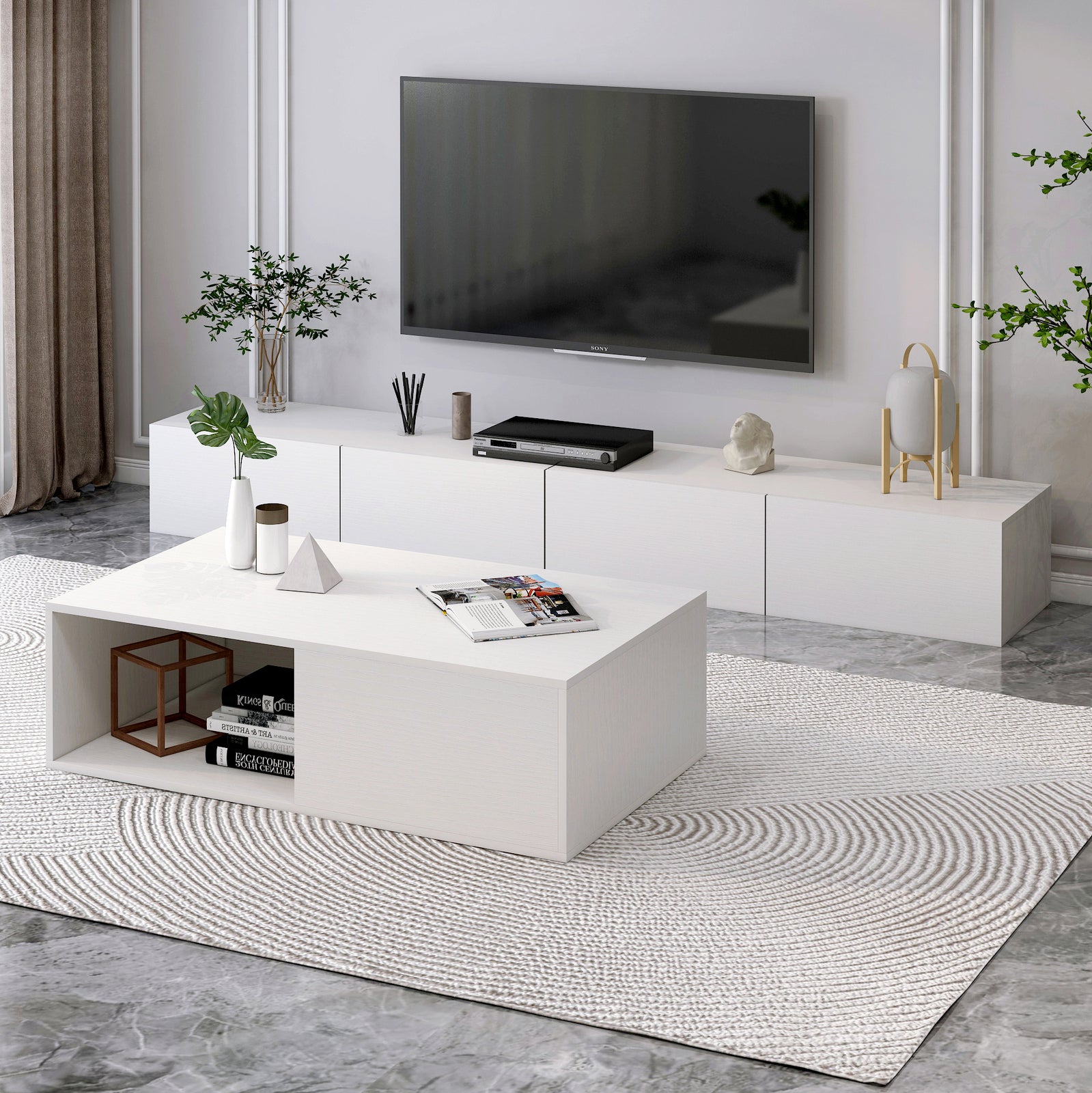 2-Piece Set Lusso Designer Wooden Coffee Table & 2.4m TV Cabinet (White) - Dshop.com.au