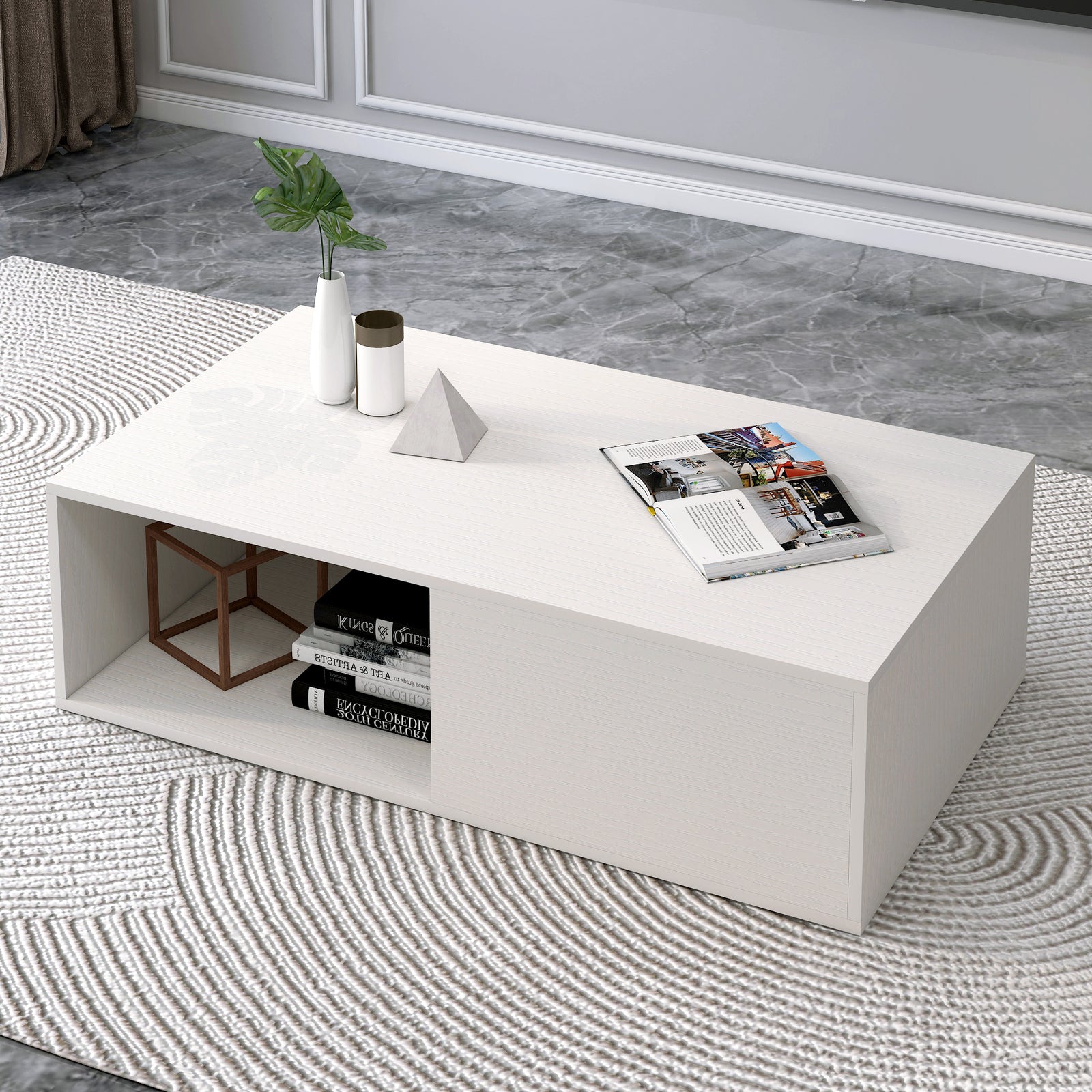 2-Piece Set Lusso Designer Wooden Coffee Table & 2.4m TV Cabinet (White) - Dshop.com.au