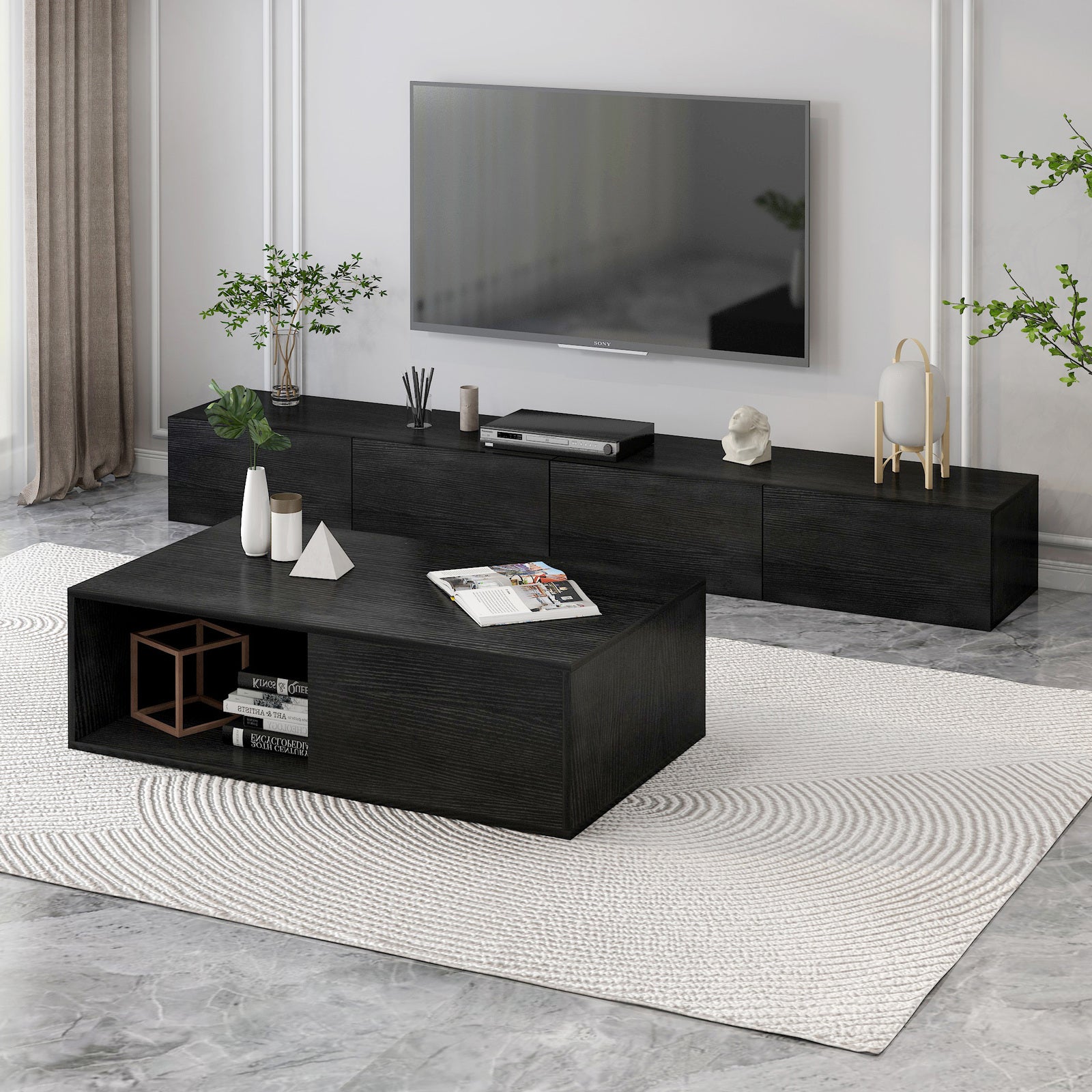 2-Piece Set Lusso Designer Wooden Coffee Table & 2m TV Cabinet (Black) - Dshop.com.au