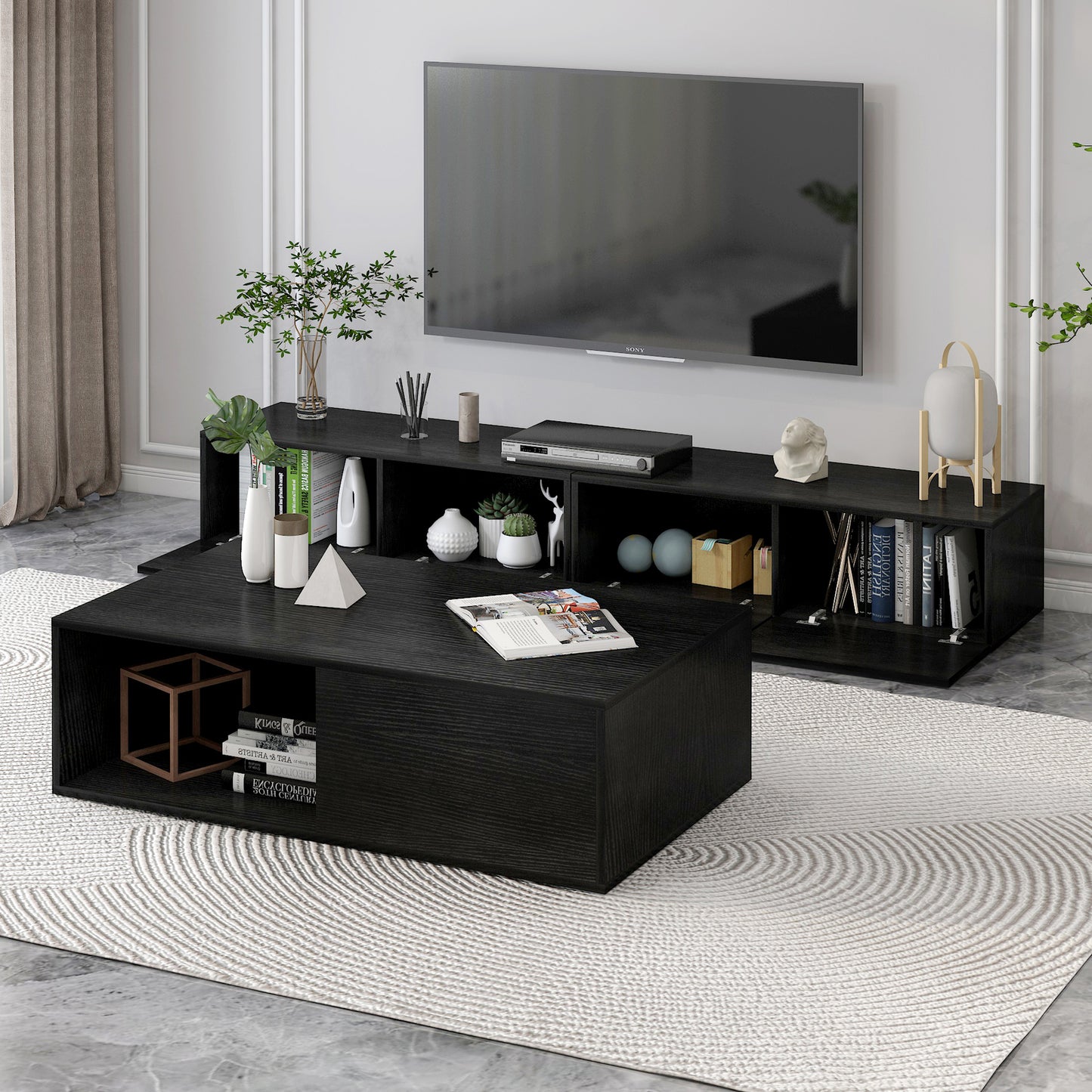 2-Piece Set Lusso Designer Wooden Coffee Table & 2m TV Cabinet (Black) - Dshop.com.au