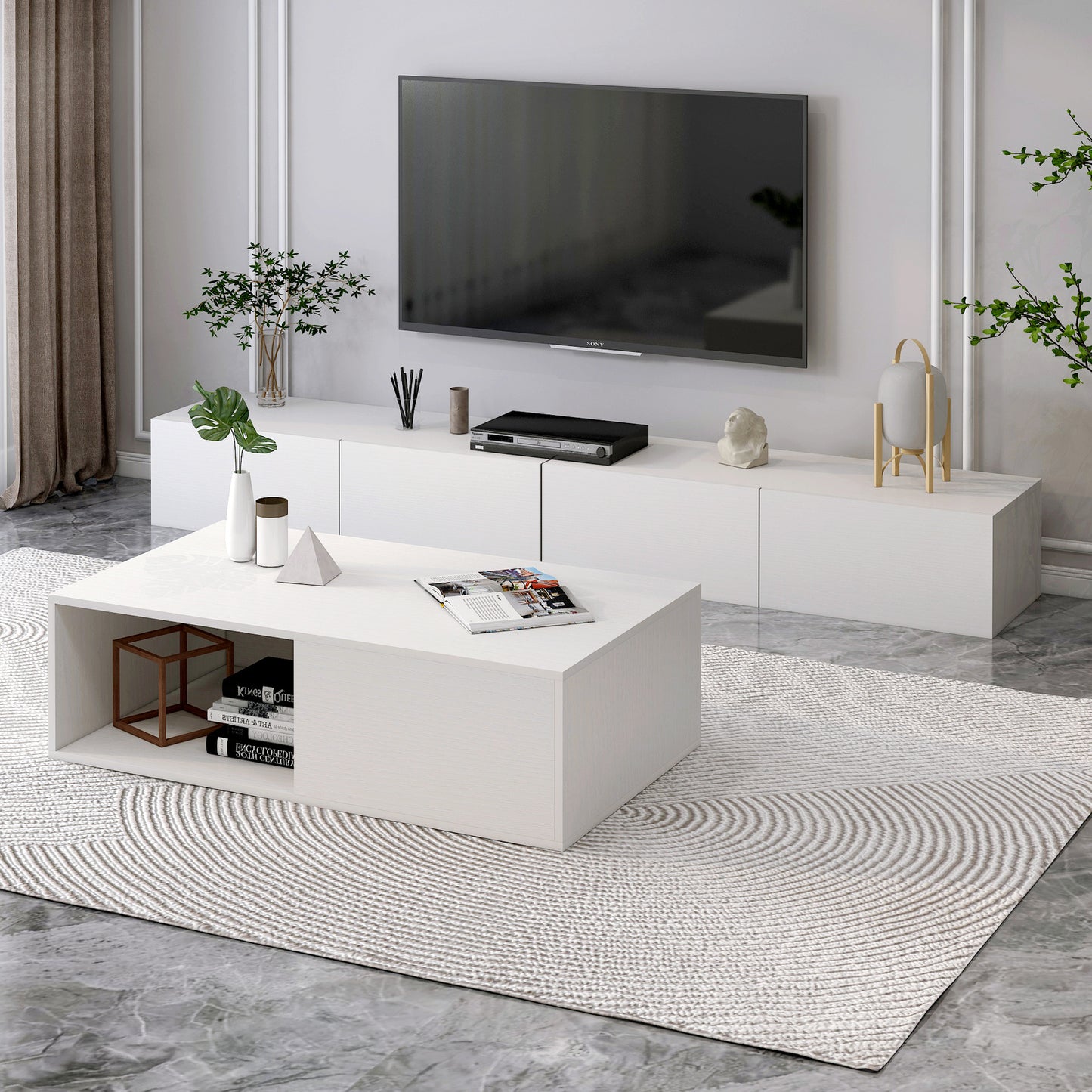 2-Piece Set Lusso Designer Wooden Coffee Table & 2m TV Cabinet (White) - Dshop.com.au