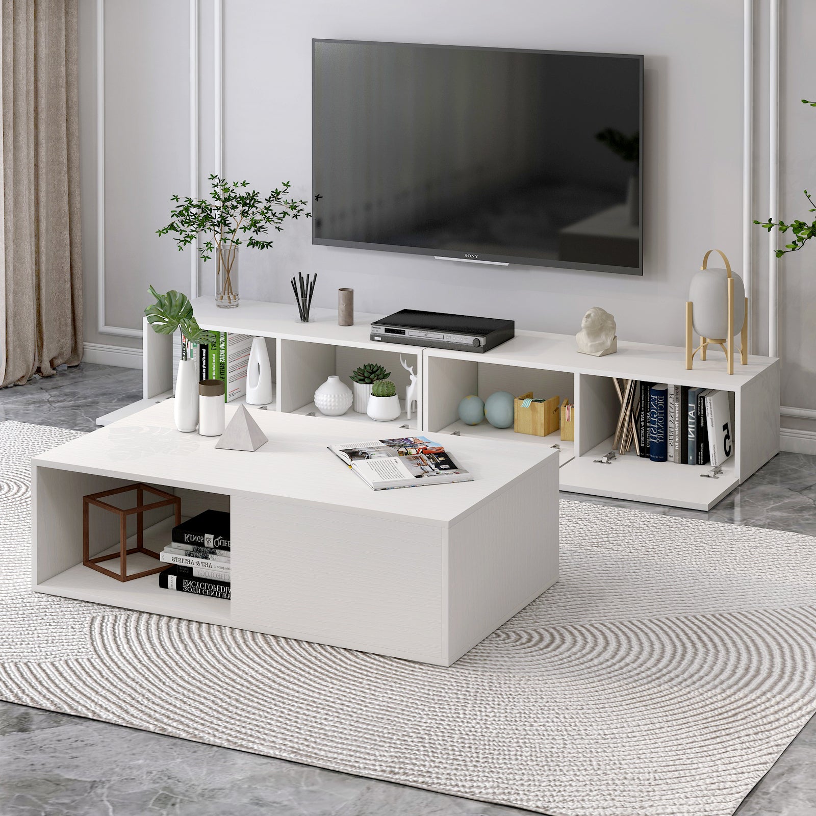 2-Piece Set Lusso Designer Wooden Coffee Table & 2m TV Cabinet (White) - Dshop.com.au