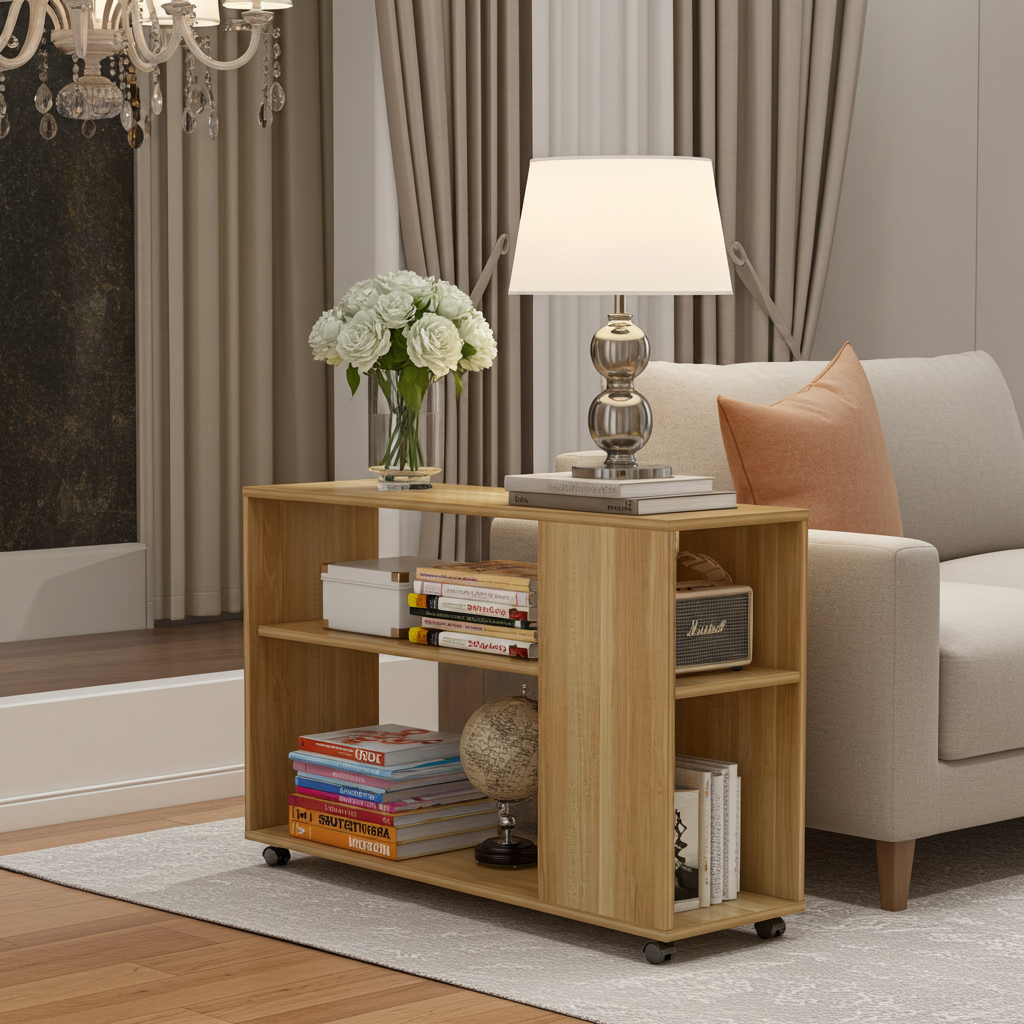 Versatile Sofa Side Table & Magazine Shelf with Casters (Oak)