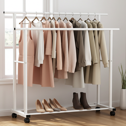 Large 1.5m Wide Double Coat Hanging Stand Wardrobe Clothes Hanger Rack (White)